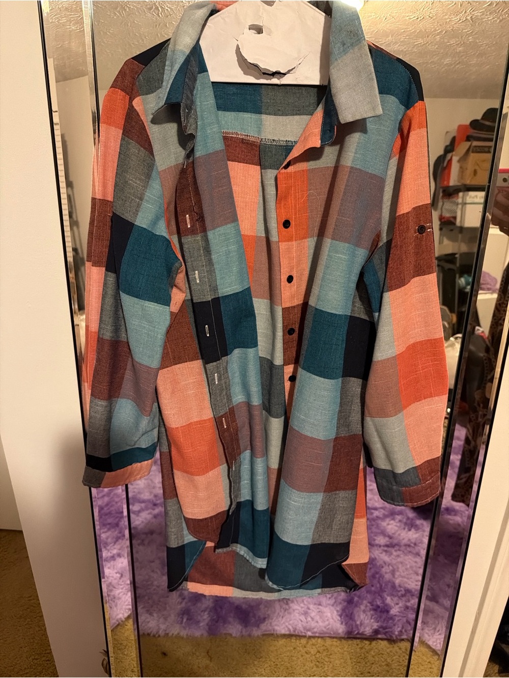 SHEIN Plaid Button-Down Shirt in Teal, Rust & Gray